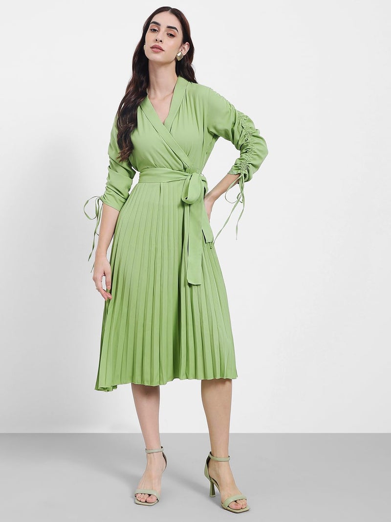Styli Women Accordion Pleated Wrap Maxi Dress with Tie-Up Details | V-Neck | Long Sleeves | Flared Hem | Elegant, Casual Wear & Special Occasion Outfit | Green_S - Image 2