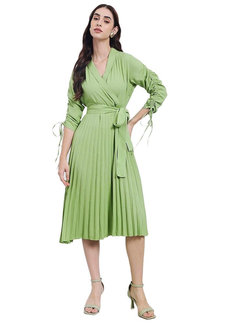 Styli Women Accordion Pleated Wrap Maxi Dress with Tie-Up Details | V-Neck | Long Sleeves | Flared Hem | Elegant, Casual Wear & Special Occasion Outfit | Green_S - Image 1