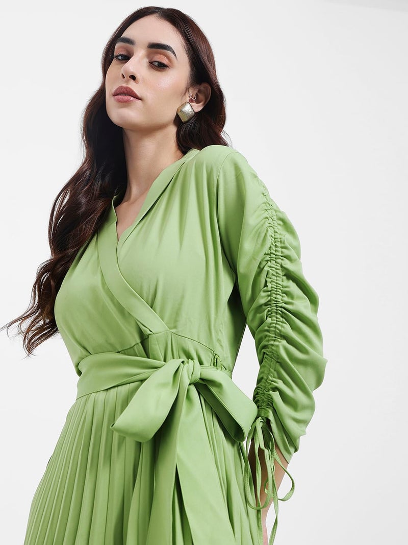 Styli Women Accordion Pleated Wrap Maxi Dress with Tie-Up Details | V-Neck | Long Sleeves | Flared Hem | Elegant, Casual Wear & Special Occasion Outfit | Green_S - Image 3