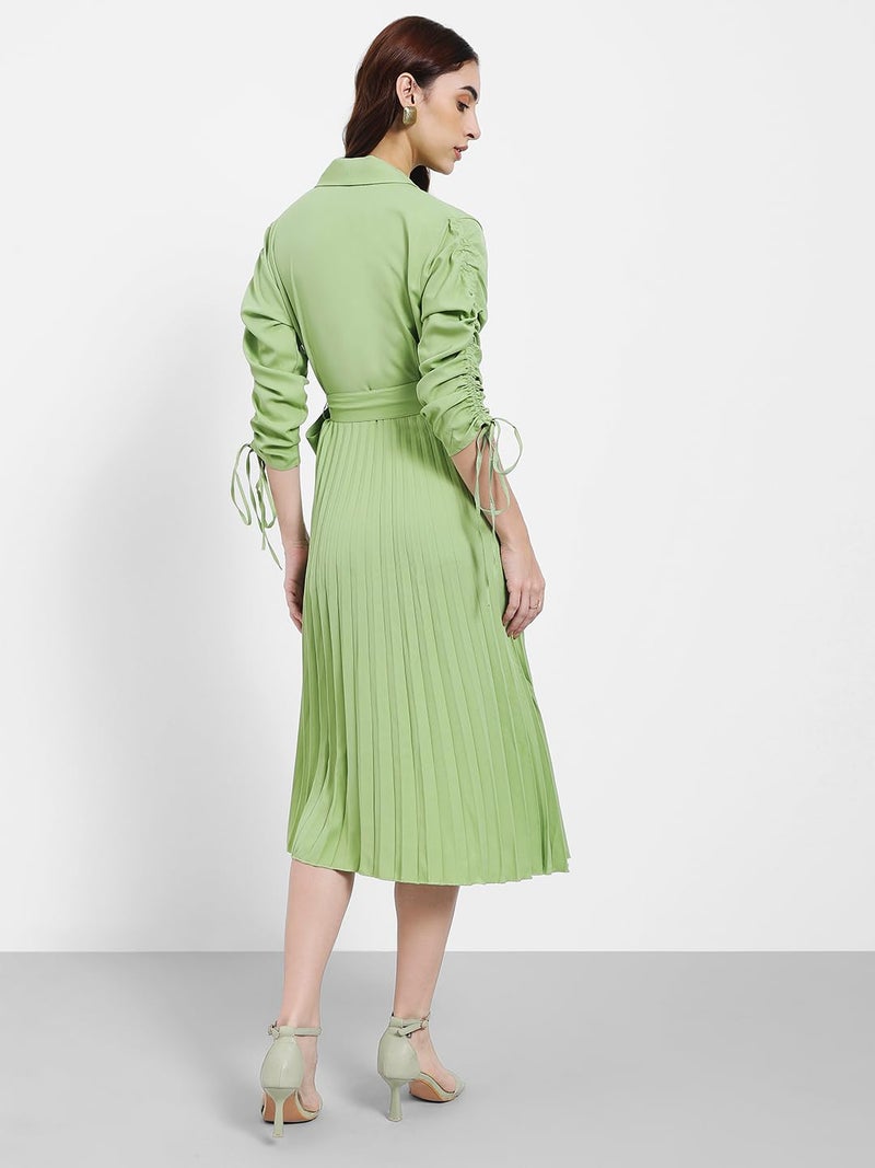 Styli Women Accordion Pleated Wrap Maxi Dress with Tie-Up Details | V-Neck | Long Sleeves | Flared Hem | Elegant, Casual Wear & Special Occasion Outfit | Green_S - Image 5
