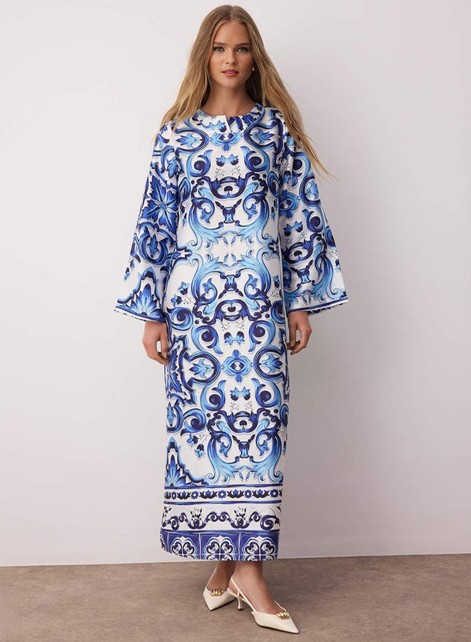 trendyol Blue Satin Surface Ethnic Patterned Evening Dress TCTSS23DB00028 - Image 1