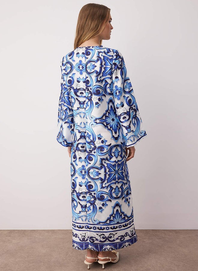 trendyol Blue Satin Surface Ethnic Patterned Evening Dress TCTSS23DB00028 - Image 4