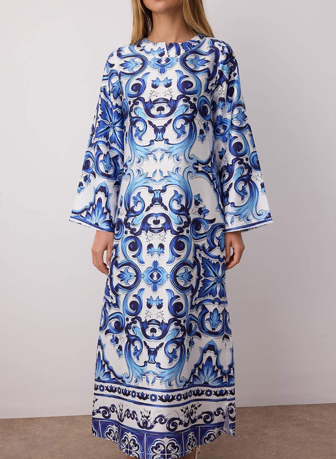 trendyol Blue Satin Surface Ethnic Patterned Evening Dress TCTSS23DB00028 - Image 3