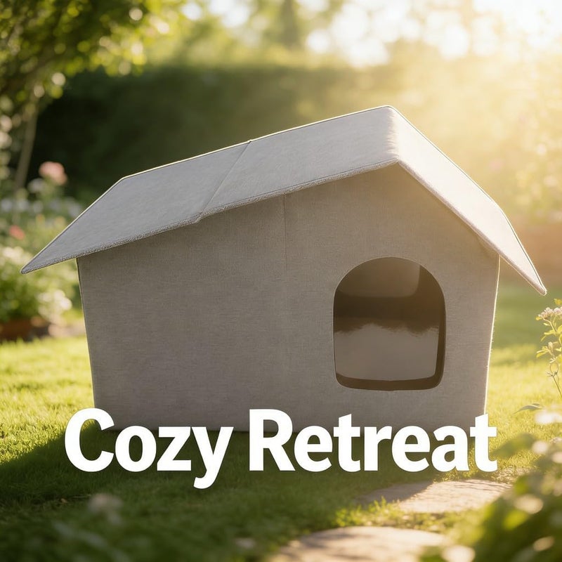 Outdoor Cat House, Fabric Cotton Linen, 25.2 x 16.93 x 15.35in, Cat Shelter - Water, Foldable Portable Design, All - Season Enclosed Pet Bed (Grey) - Image 3