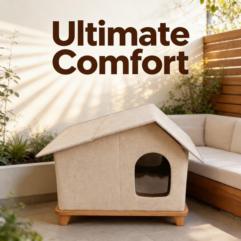 Outdoor Cat House, Fabric Cotton Linen, 25.2 x 16.93 x 15.35in, Cat Shelter - Water, Foldable Portable Design, All - Season Enclosed Pet Bed (Grey) - Image 4