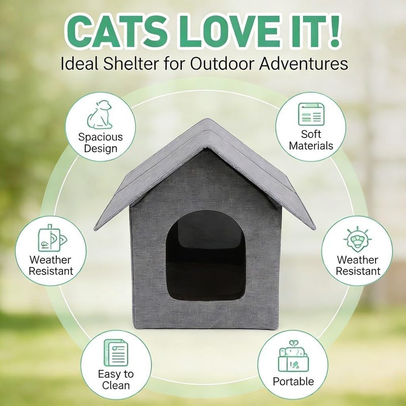 Outdoor Cat House, Fabric Cotton Linen, 25.2 x 16.93 x 15.35in, Cat Shelter - Water, Foldable Portable Design, All - Season Enclosed Pet Bed (Grey) - Image 5