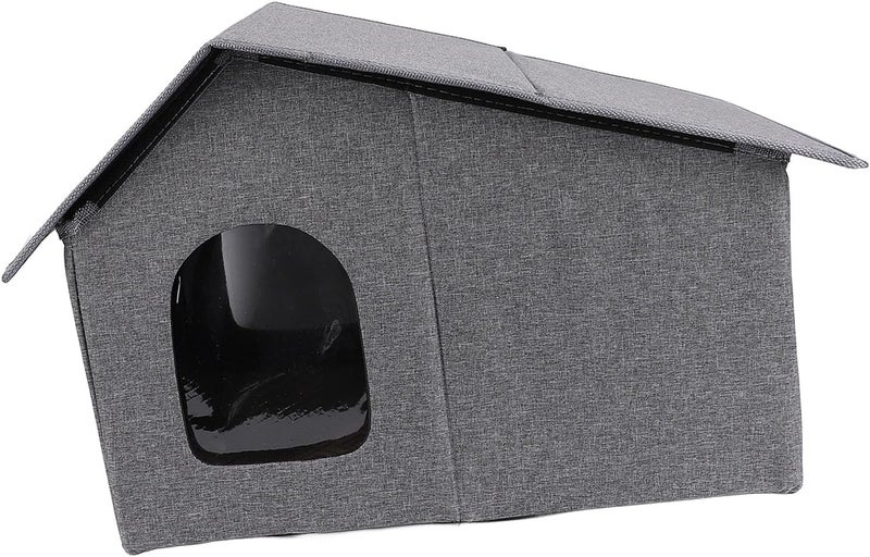 Outdoor Cat House, Fabric Cotton Linen, 25.2 x 16.93 x 15.35in, Cat Shelter - Water, Foldable Portable Design, All - Season Enclosed Pet Bed (Grey) - Image 2