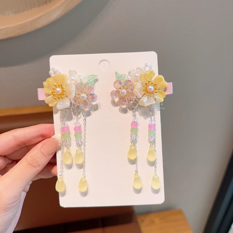 Generic New Antique Childrens Hairpin Hanfu Ancient Clothes Hair Accessories Cute Girls Tassel Flower Hairpin Little Girls Super Fairy Clip 09# yellow flower tassel clip