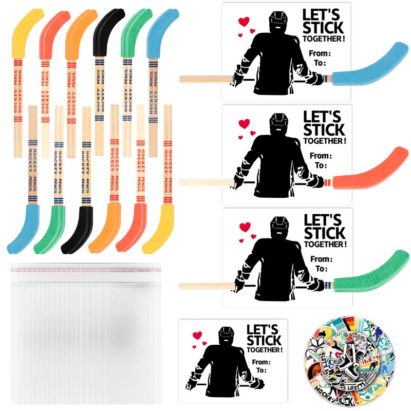Gosodeny 24 Set Valentines Day Gifts Hockey Party Favors Bulk Hockey Pencils and Erasers Includes Hockey Pencils Hockey Stickers Hockey Cards Packaging Gift Bags Hockey Fans Sports Fans Party Prize Gifts - Image 1