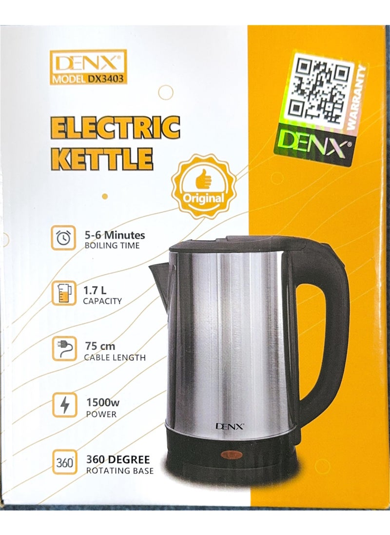 DENX 1500W 1.7L Stainless Steel Electric Kattle, Fast Boil, Tea Maker High-Speed Kettle, 360° Rotational Base, Teapot Perfect for Boiling Water, Milk, Coffee & Tea, for Home & Office Use, DX3403