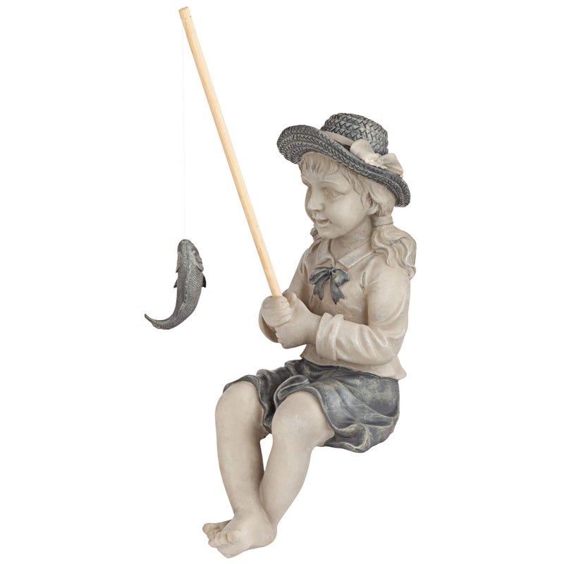 Design Toscano Big Catch Fisherwoman Nellie Girl with Fishing Pole Garden Statue, Medium 17 Inch Tall, Cast Stone Resin, Two Tone Stone Finish - Image 3