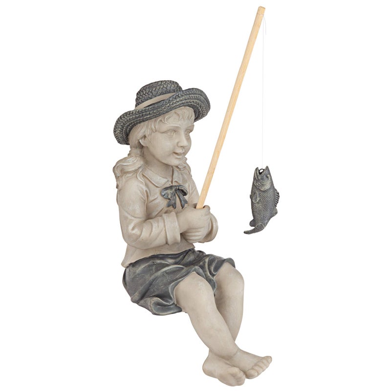 Design Toscano Big Catch Fisherwoman Nellie Girl with Fishing Pole Garden Statue, Medium 17 Inch Tall, Cast Stone Resin, Two Tone Stone Finish - Image 1