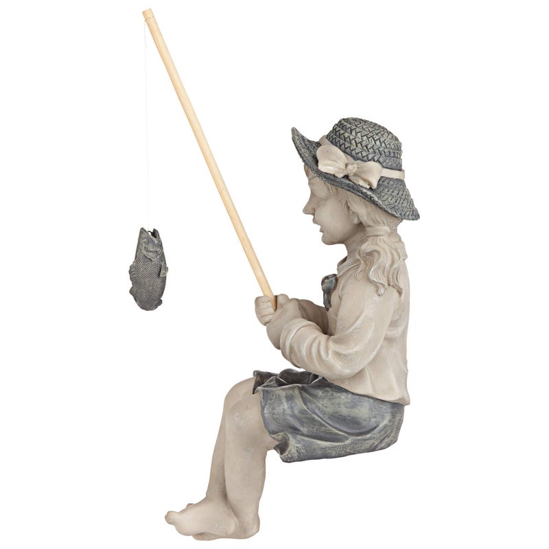 Design Toscano Big Catch Fisherwoman Nellie Girl with Fishing Pole Garden Statue, Medium 17 Inch Tall, Cast Stone Resin, Two Tone Stone Finish - Image 4