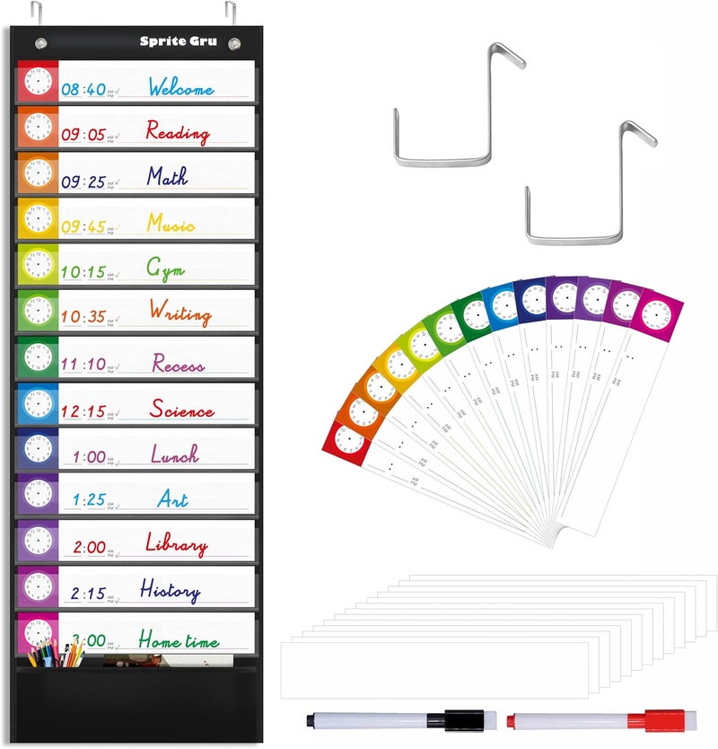 SpriteGru Daily Schedule Pocket Chart, Classroom Charts with 13+1 Pockets, 13 Double-Sided Reusable Colored Cards, 13 Blank Ones and 2 Over-Door Mounting Hangers Include (Black, 13” x 36”) - Image 1