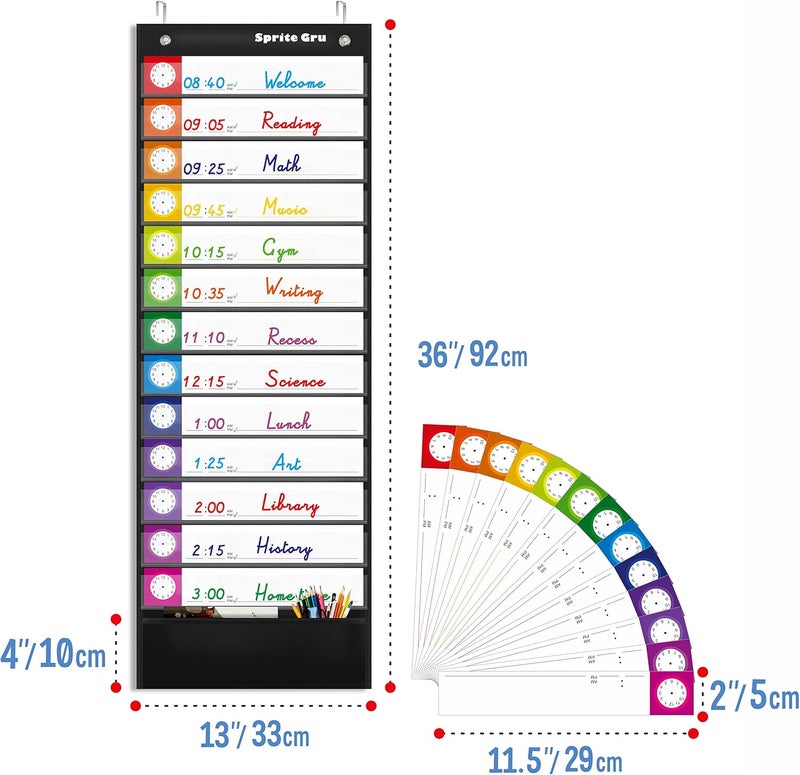 SpriteGru Daily Schedule Pocket Chart, Classroom Charts with 13+1 Pockets, 13 Double-Sided Reusable Colored Cards, 13 Blank Ones and 2 Over-Door Mounting Hangers Include (Black, 13” x 36”) - Image 2