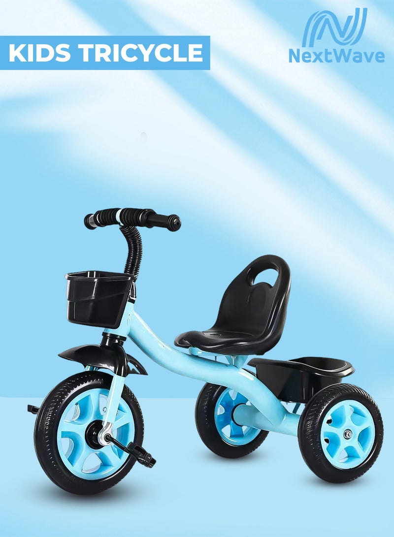 الموجة التالية دراجة ثلاثية العجلات للأطفال بمقبض دفع - مقعد ومسند ظهر قابلان للتعديل - دراجة ثلاثية العجلات للأطفال بعجلات EVA وصينية تخزين - دراجة ثلاثية العجلات للأطفال الصغار من عمر 3 إلى 8 سنوات - دراجة ثلاثية العجلات للأطفال باللون الأزرق - Image 1