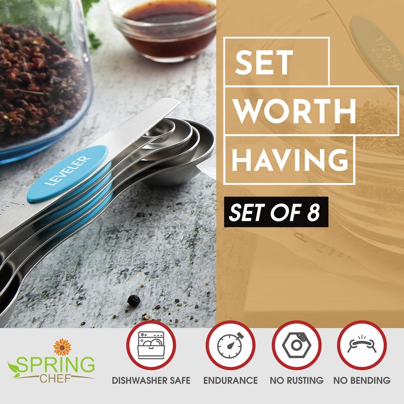 Spring Chef Stainless Steel Magnetic Measuring Spoons Set of 8 with Leveler, Nesting Teaspoon & Tablespoon Measuring Spoons for Dry and Liquid Ingredients, Kitchen Gadgets for Baking & Cooking - Teal - Image 2