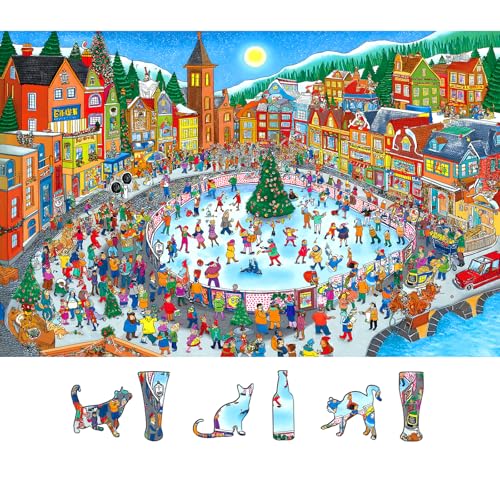 Blueforest 500 Pieces Jigsaw Puzzle for Adults Winter Village Ice Skating Scene Festive Christmas Happy Holiday Town Square Puzzle Family Entertainment Perfect for Adults Family Fun 23X15 - Image 1