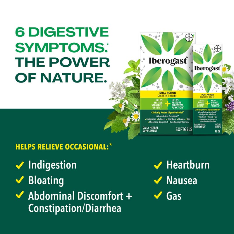 Iberogast Softgels, Herbal Relief of Stomach Upsets: Occasional Indigestion, Bloating, Gas, Nausea, Upset Stomach; 6-Herb Blend with Iberis Amara, Peppermint, Licorice, Lemon Balm; 30ct - Image 2