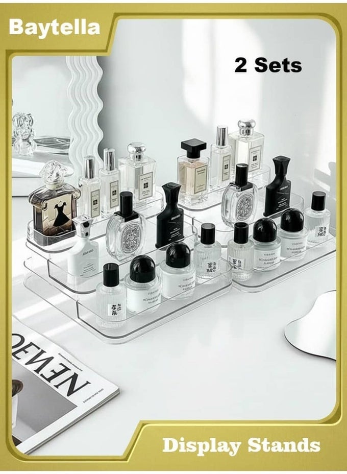 2 PACK 3 TIER CLEAR ACRYLIC DISPLAY STANDS, PERFUME ORGANIZER & DESSERT CUPCAKE DISPLAY RISERS FOR MAKEUP, FIGURES AND COUNTERTOP STORAGE