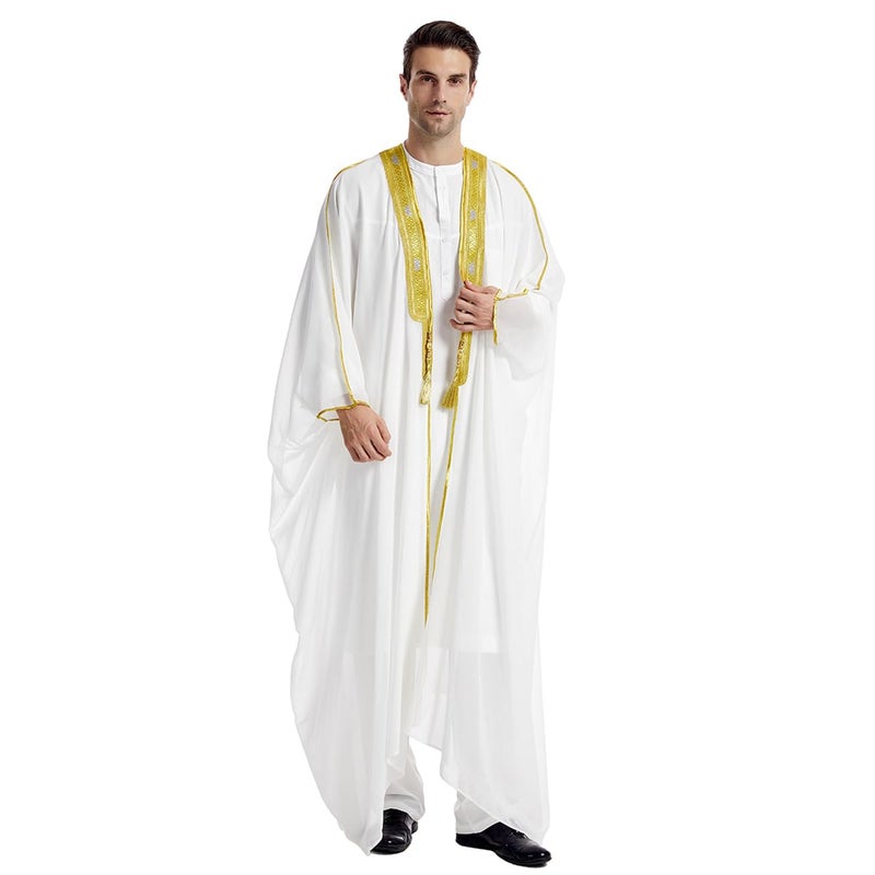 IWEMEK Muslim Thobe for Men Arabic Kaftan for Men Arabia Saudi Robe Ramadan Abaya Prayer Dress Long Sleeve Open Front Embroidered Cardigan Caftan Dubai Chiffon Thobe Kimono Islamic Middle East Robes White XL
