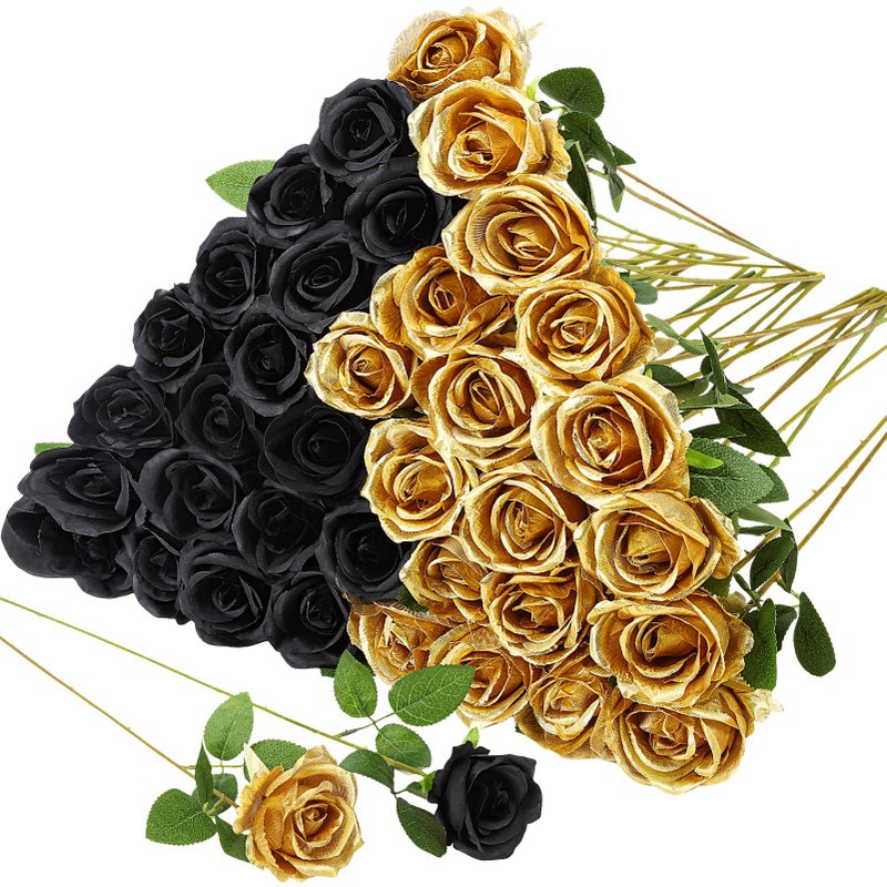 Hoemwarm 36 Pcs Silk Black Gold Rose Bouquet Bridal Artificial FlowersFake Rose Long Stem Realistic Flowers Bulk for Wedding Bouquet Ball Arrangement Centerpiece Party Decor
