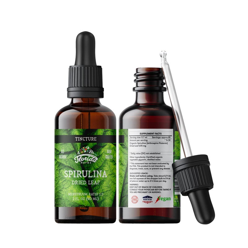 FLORIDA HERBS Spirulina Tincture Organic Spirulina Extract Arthrospira Platensis Herbal Supplement NonGMO in ColdPressed Organic Vegetable Glycerin 700 mg 2 oz 60 ml