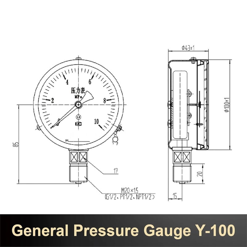 1pc Y-100 Radial Pressure Gauge 100mm -0.1~60MPa G1/2 M20 Air Water Vacuum Negative Manometer for Industrial Use(M20-1.5,0-0.6Mpa) - Image 2
