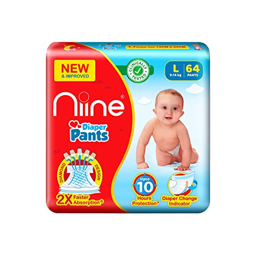 NIINE Cottony Soft Baby Diaper Pants Large Size (9-14 KG) Soft & Elastic Grip with Faster Absorption with Wetness Indicator for Overnight Protection, Mega Large Pack| Pack of 1| 64 Count Pants - Image 1