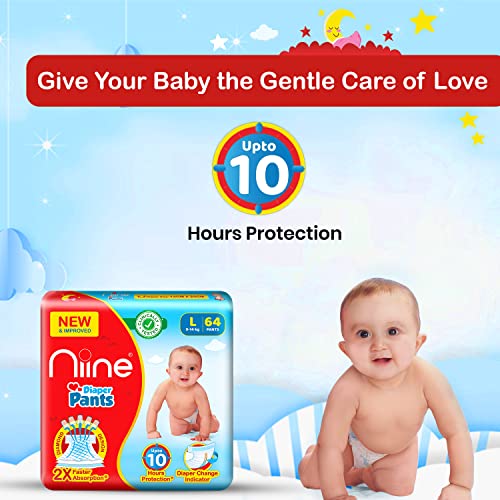 NIINE Cottony Soft Baby Diaper Pants Large Size (9-14 KG) Soft & Elastic Grip with Faster Absorption with Wetness Indicator for Overnight Protection, Mega Large Pack| Pack of 1| 64 Count Pants - Image 4