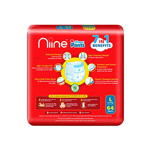 NIINE Cottony Soft Baby Diaper Pants Large Size (9-14 KG) Soft & Elastic Grip with Faster Absorption with Wetness Indicator for Overnight Protection, Mega Large Pack| Pack of 1| 64 Count Pants - Image 2