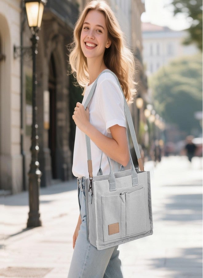 GASSDA Tote Bags for Women Canvas Tote Purse Crossbody with Pockets Top Handle Shoulder Satchel Bag for Women, Light Gray, 13.5 x 4.5 x 10.5 inches - Image 2