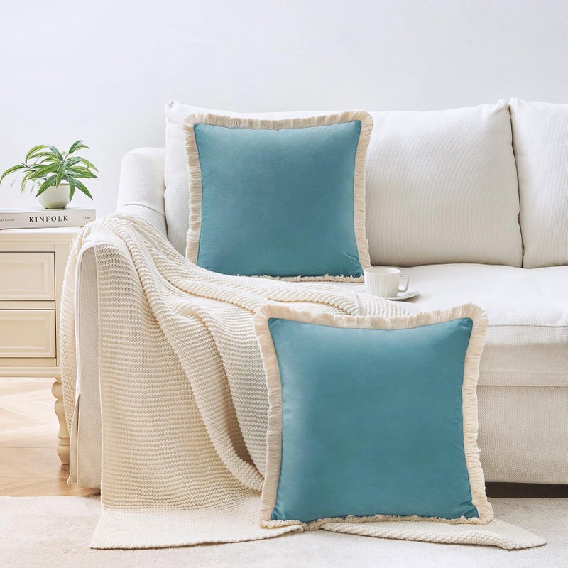 MONDAY MOOSE Decorative Throw Pillow Covers Cushion Cases, Set of 2 Soft Velvet Modern Fringe Tassel Designs, Mix and Match for Home Decor, Pillow Inserts Not Included (18x18 inch, Teal Blue) - Image 4