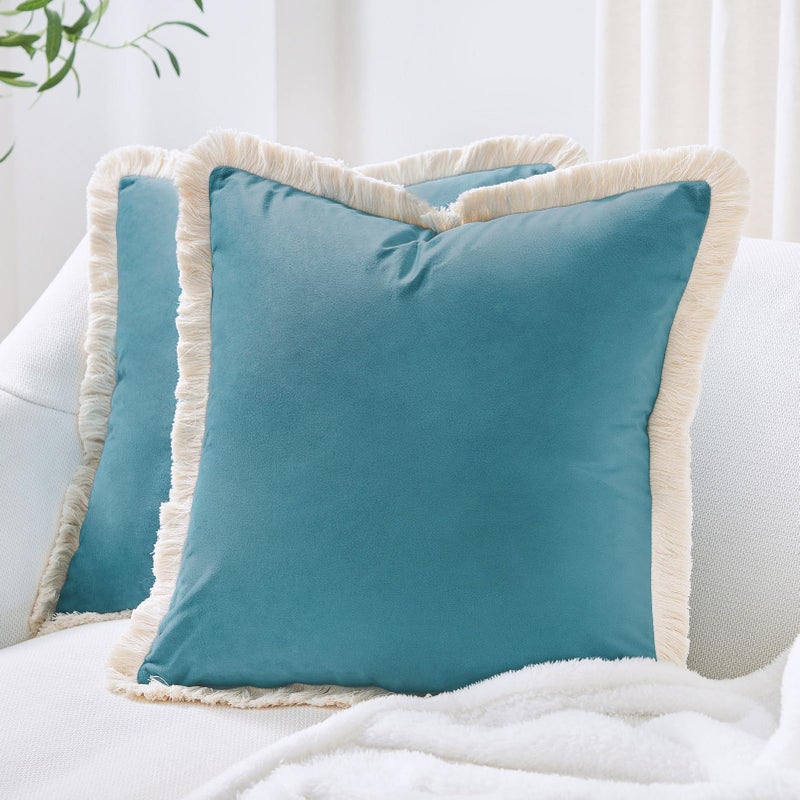 MONDAY MOOSE Decorative Throw Pillow Covers Cushion Cases, Set of 2 Soft Velvet Modern Fringe Tassel Designs, Mix and Match for Home Decor, Pillow Inserts Not Included (18x18 inch, Teal Blue) - Image 1