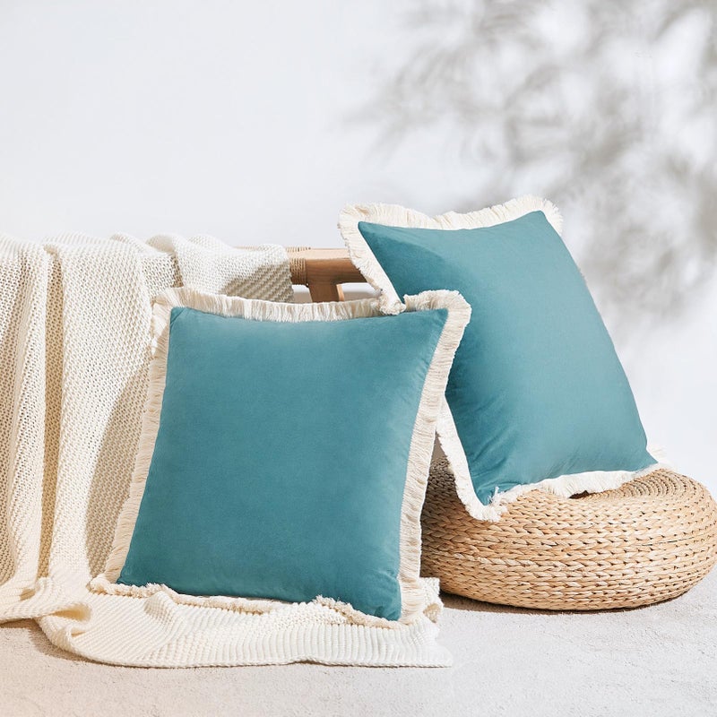 MONDAY MOOSE Decorative Throw Pillow Covers Cushion Cases, Set of 2 Soft Velvet Modern Fringe Tassel Designs, Mix and Match for Home Decor, Pillow Inserts Not Included (18x18 inch, Teal Blue) - Image 2