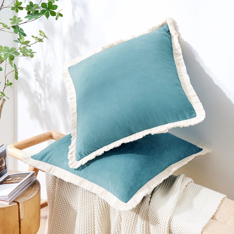 MONDAY MOOSE Decorative Throw Pillow Covers Cushion Cases, Set of 2 Soft Velvet Modern Fringe Tassel Designs, Mix and Match for Home Decor, Pillow Inserts Not Included (18x18 inch, Teal Blue) - Image 5