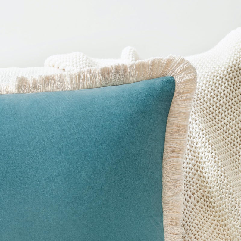 MONDAY MOOSE Decorative Throw Pillow Covers Cushion Cases, Set of 2 Soft Velvet Modern Fringe Tassel Designs, Mix and Match for Home Decor, Pillow Inserts Not Included (18x18 inch, Teal Blue) - Image 3