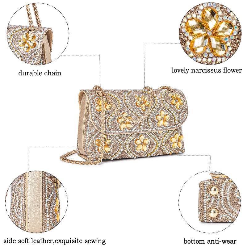 BBTT.ful Flower Evening Handbags Chain Strap Square Shoulder Bag Crossbody Bag Crystals Rhinestone Clutch Purse (gold) - Image 5