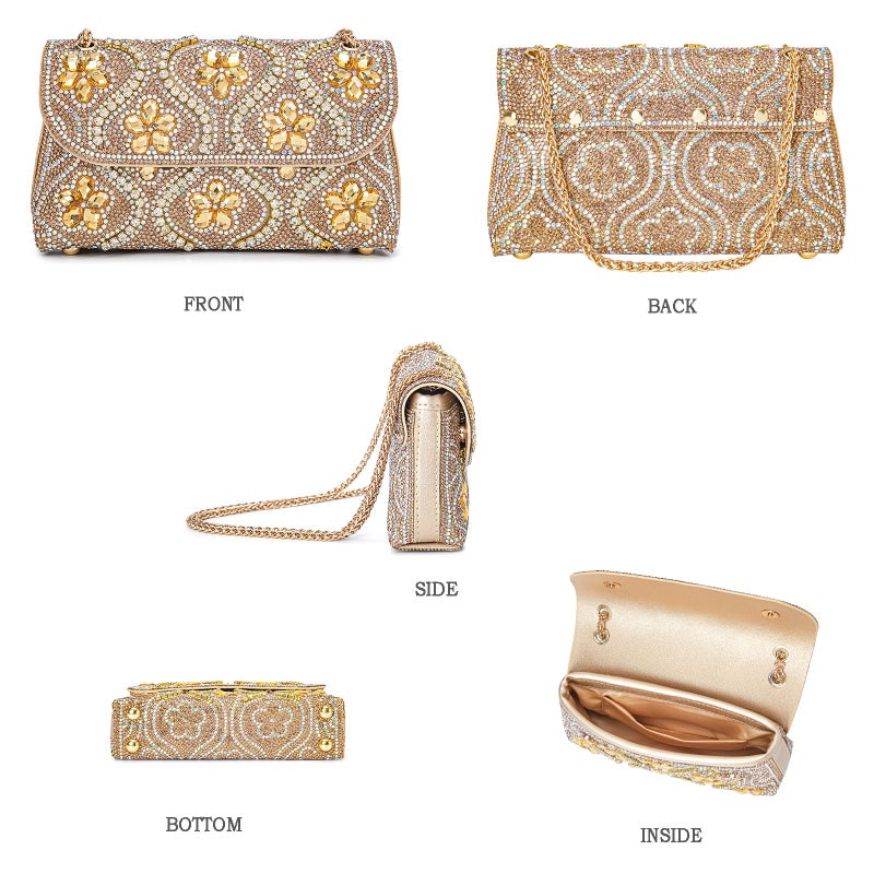 BBTT.ful Flower Evening Handbags Chain Strap Square Shoulder Bag Crossbody Bag Crystals Rhinestone Clutch Purse (gold) - Image 4