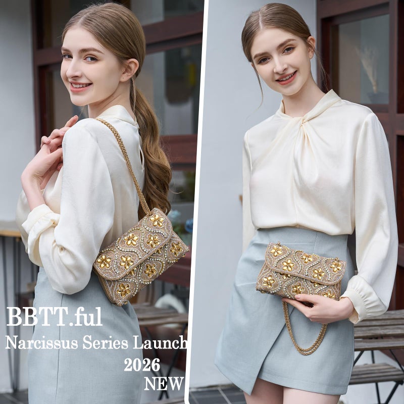 BBTT.ful Flower Evening Handbags Chain Strap Square Shoulder Bag Crossbody Bag Crystals Rhinestone Clutch Purse (gold) - Image 2