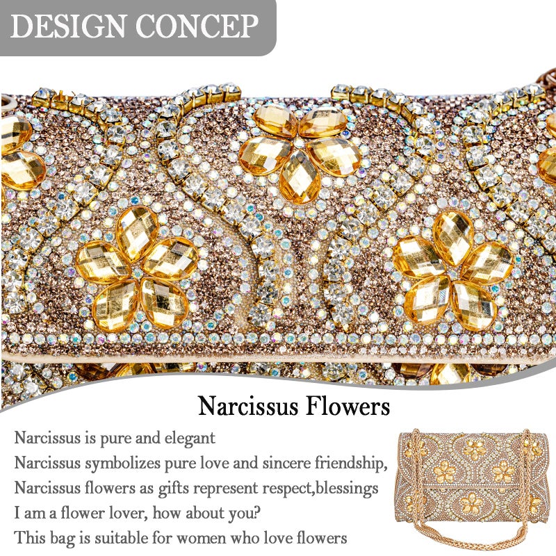 BBTT.ful Flower Evening Handbags Chain Strap Square Shoulder Bag Crossbody Bag Crystals Rhinestone Clutch Purse (gold) - Image 3