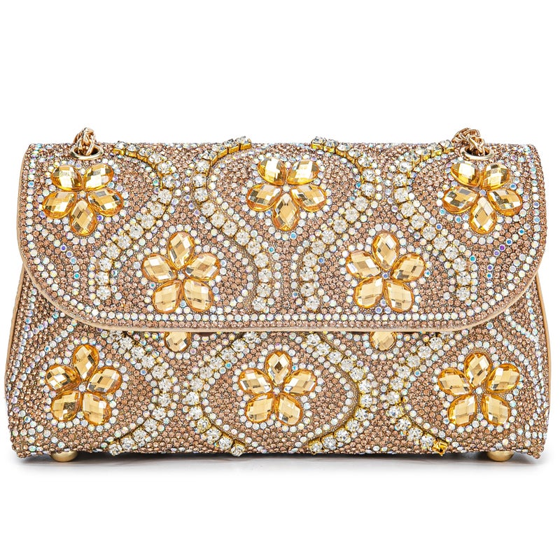 BBTT.ful Flower Evening Handbags Chain Strap Square Shoulder Bag Crossbody Bag Crystals Rhinestone Clutch Purse (gold) - Image 1