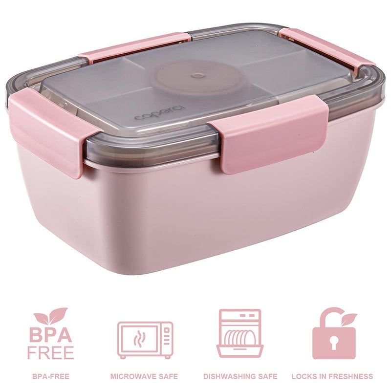 Caperci Large Salad Lunch Container - Adult Bento Lunch Box with 68 oz Salad Bowl, 5-Compartment Tray, 2pcs 3-oz Sauce Cups, Stackable, BPA-Free (Pink) - Image 3