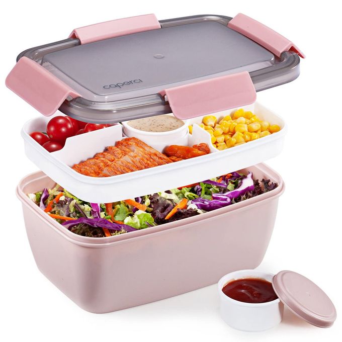 Caperci Large Salad Lunch Container - Adult Bento Lunch Box with 68 oz Salad Bowl, 5-Compartment Tray, 2pcs 3-oz Sauce Cups, Stackable, BPA-Free (Pink) - Image 1
