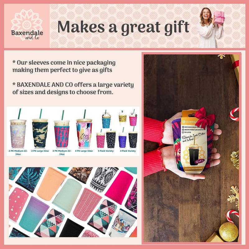 Baxendale Iced Coffee Sleeve Cups - 2 Pack - Neoprene Iced Coffee Sleeve - Medium 22-24oz (Mandala Purple)