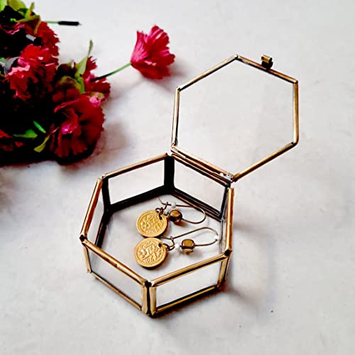 ARTINCO Art India Collections Gold Mini Hexagon Box, Geometric Ring Box, Wedding Ring Box, Ring Bearer, Mini Hexagon Lidded Box 4x2 centimeters Pack of 2 - Image 1