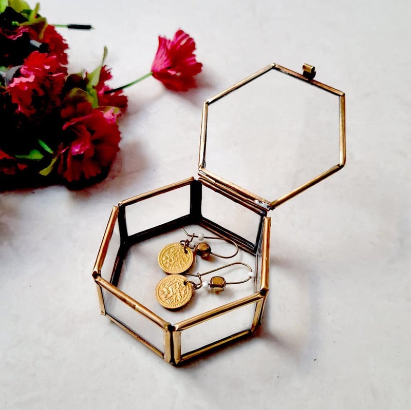 ARTINCO Art India Collections Gold Mini Hexagon Box, Geometric Ring Box, Wedding Ring Box, Ring Bearer, Mini Hexagon Lidded Box 4x2 centimeters Pack of 2 - Image 3