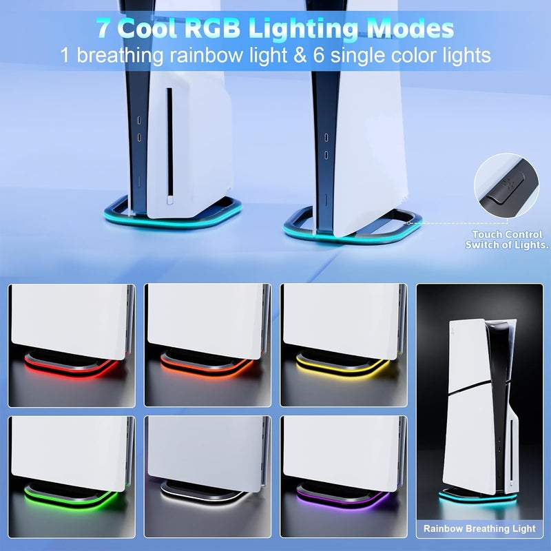 HONCAM Vertical Stand for PS5/PS5 Slim/PlayStation 5 Pro Consoles, PlayStation 5 Vertical Holder with 7 RGB Lights and a Screw, Black - Image 2