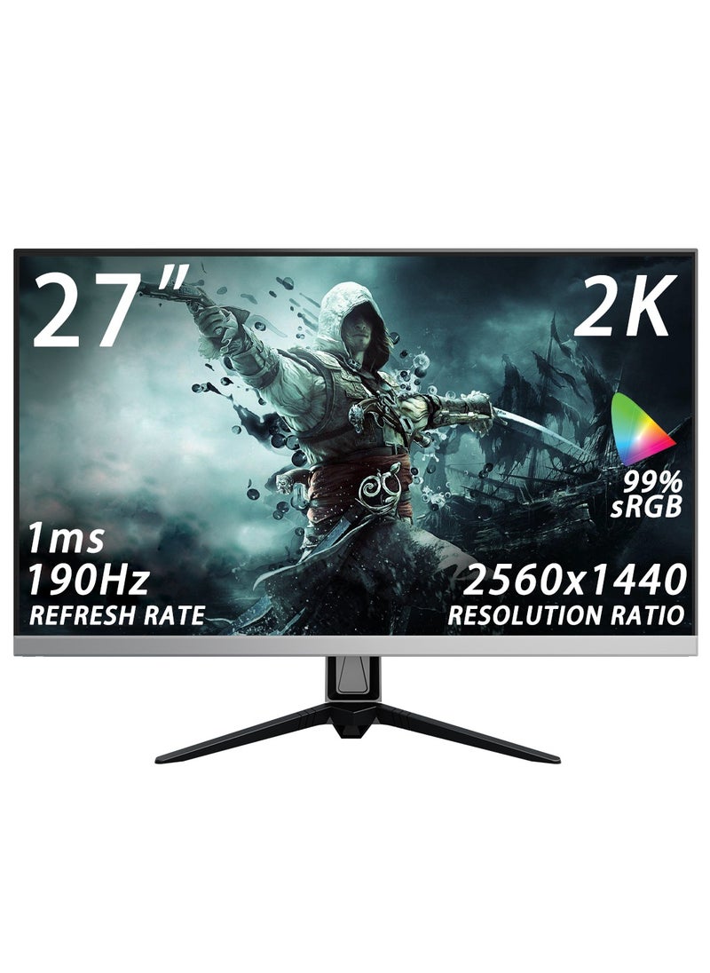 HILUKE 27inch Gaming Monitor QHD 2560*1440p, 190Hz, 2K, IPS Panel, 1ms Response Time, Adaptive sync, PC Computer Monitor, 3-Sided Frameless, Ultra Slim, 99% sRGB, Bluelight Filter, HDMI *1, DP*2  - Image 1
