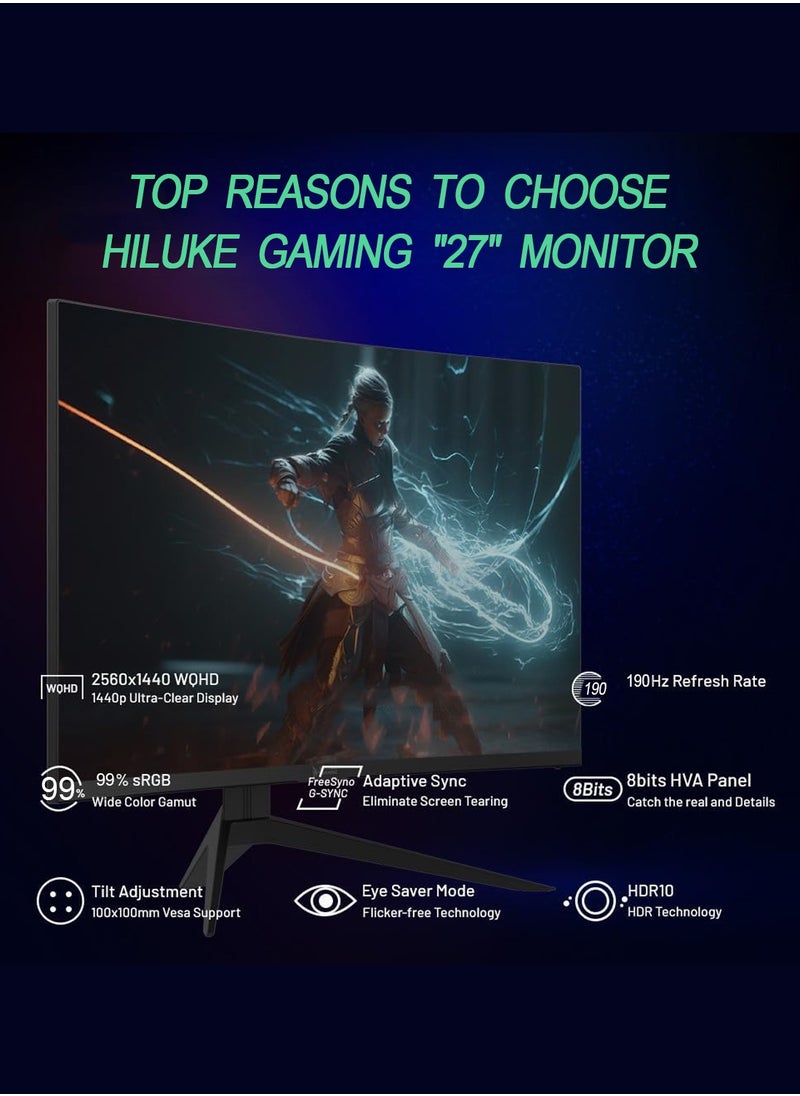 HILUKE 27inch Gaming Monitor QHD 2560*1440p, 190Hz, 2K, IPS Panel, 1ms Response Time, Adaptive sync, PC Computer Monitor, 3-Sided Frameless, Ultra Slim, 99% sRGB, Bluelight Filter, HDMI *1, DP*2  - Image 2